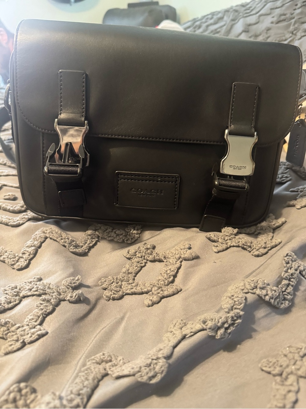 Coach Black Leather Messenger Bag with Silver Hardware